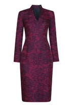 V-Neck Dress in Wine/Black Silk/Wool Printed Matelassé - Emma