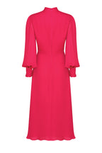 Long-Sleeved Midi Dress with Flared Skirt in Plain Lipstick Pink Silk - Sofia