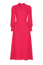 Long-Sleeved Midi Dress with Flared Skirt in Plain Lipstick Pink Silk - Sofia