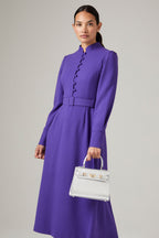 Long-Sleeved Dress with Button Up Bodice in Purple Wool Crepe - Cleo