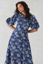 Sof Dress in Navy/Pink Floral Printed Silk Cloqué