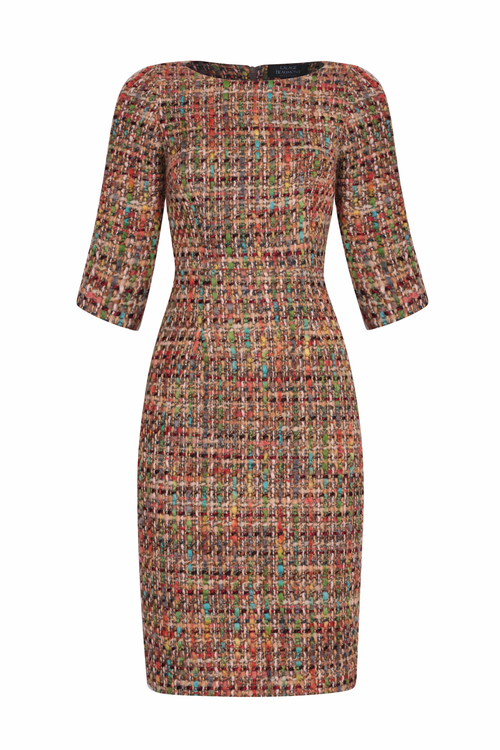 3/4 Sleeve Check Tweed Dress in Browns