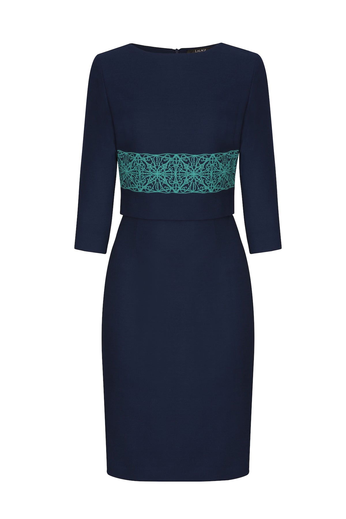 Embroidered Plain Faille Dress Navy Emerald Rolanda
