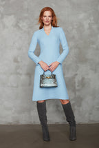 Long-Sleeve Dress with A-line Skirt in Sky Blue Faille - Emilia