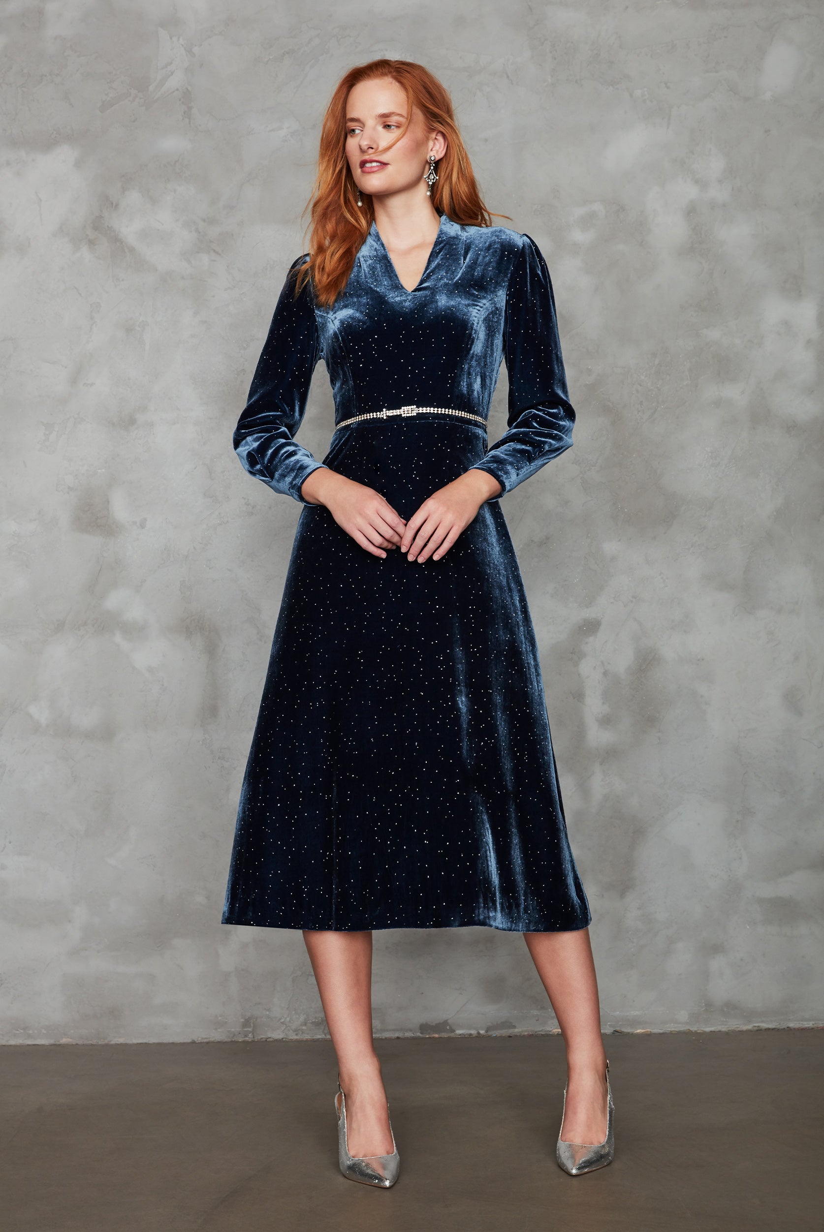 Long-Sleeved Midi Dress with Flared Skirt in Navy Sparkle Velvet