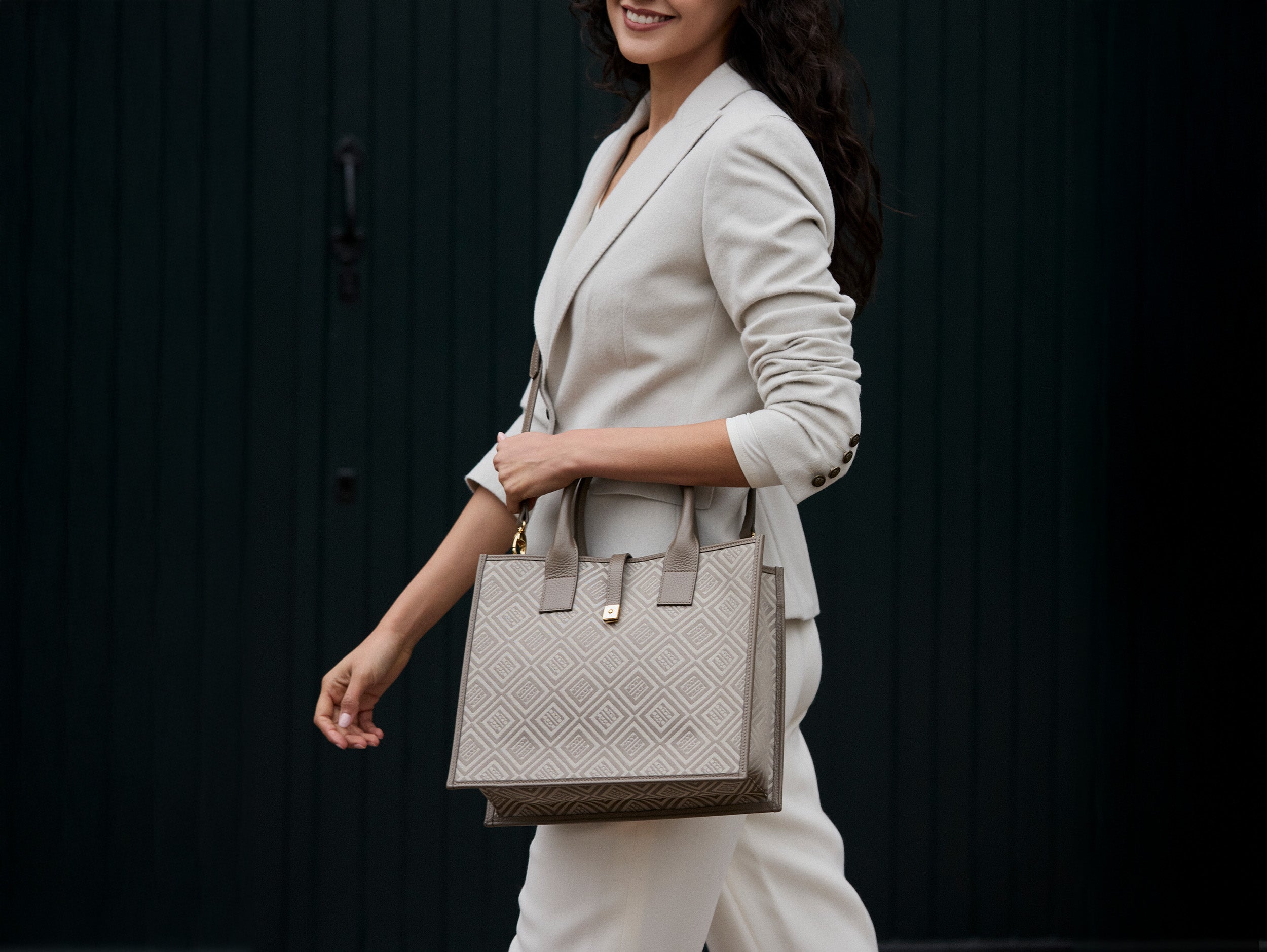Aurora Compact Logo Jacquard Print Tote Bag - Beige/Taupe – Lalage Beaumont