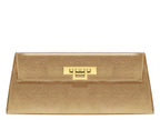 Lalage Beaumont Fonteyn clutch bag in gold sparkle leather, front view