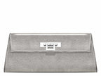Lalage Beaumont Fonteyn clutch bag in silver sparkle leather, front view