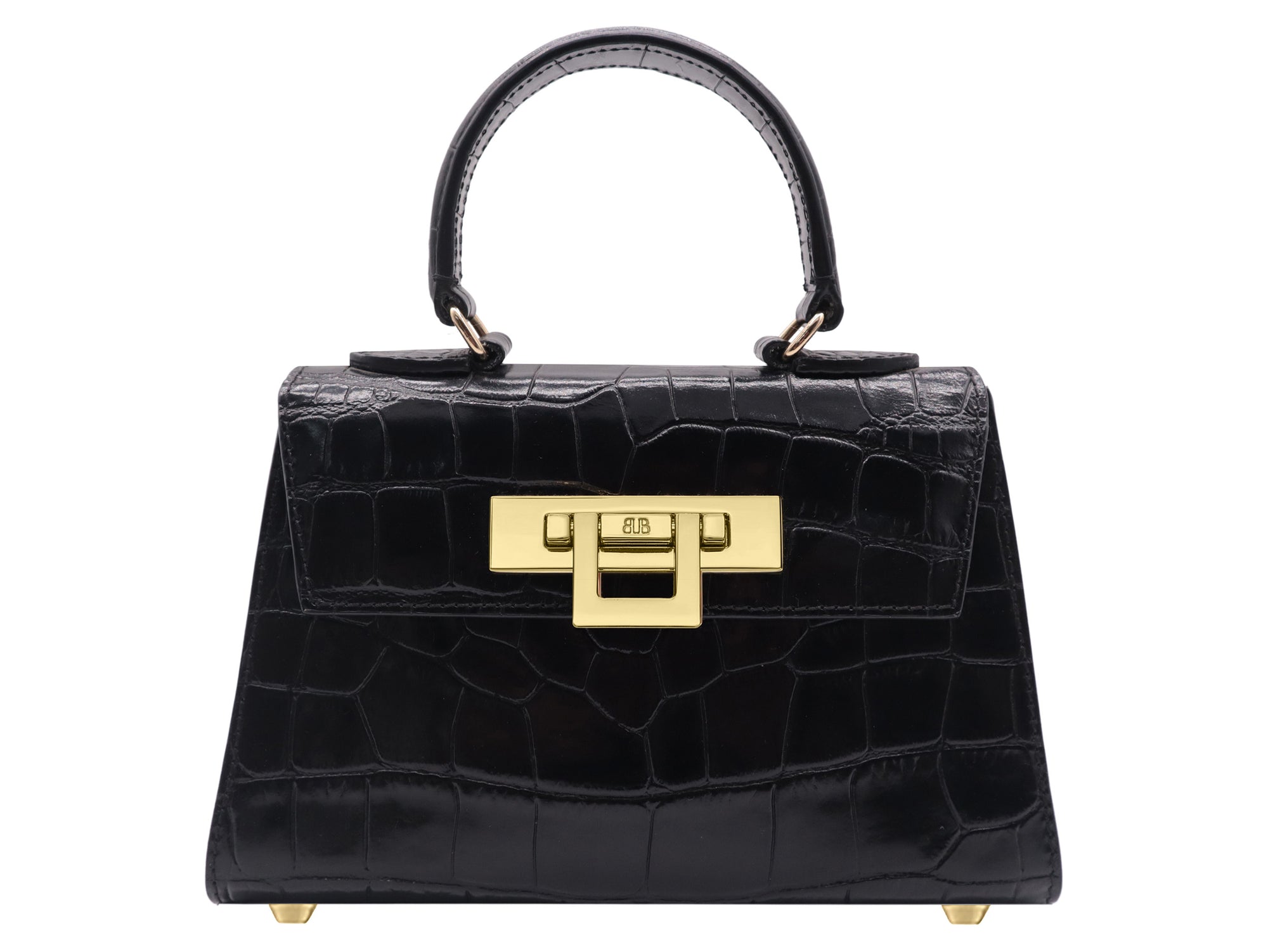 A black 'Croc' print Italian calf leather handbag with gold plated hardware and a top handle.