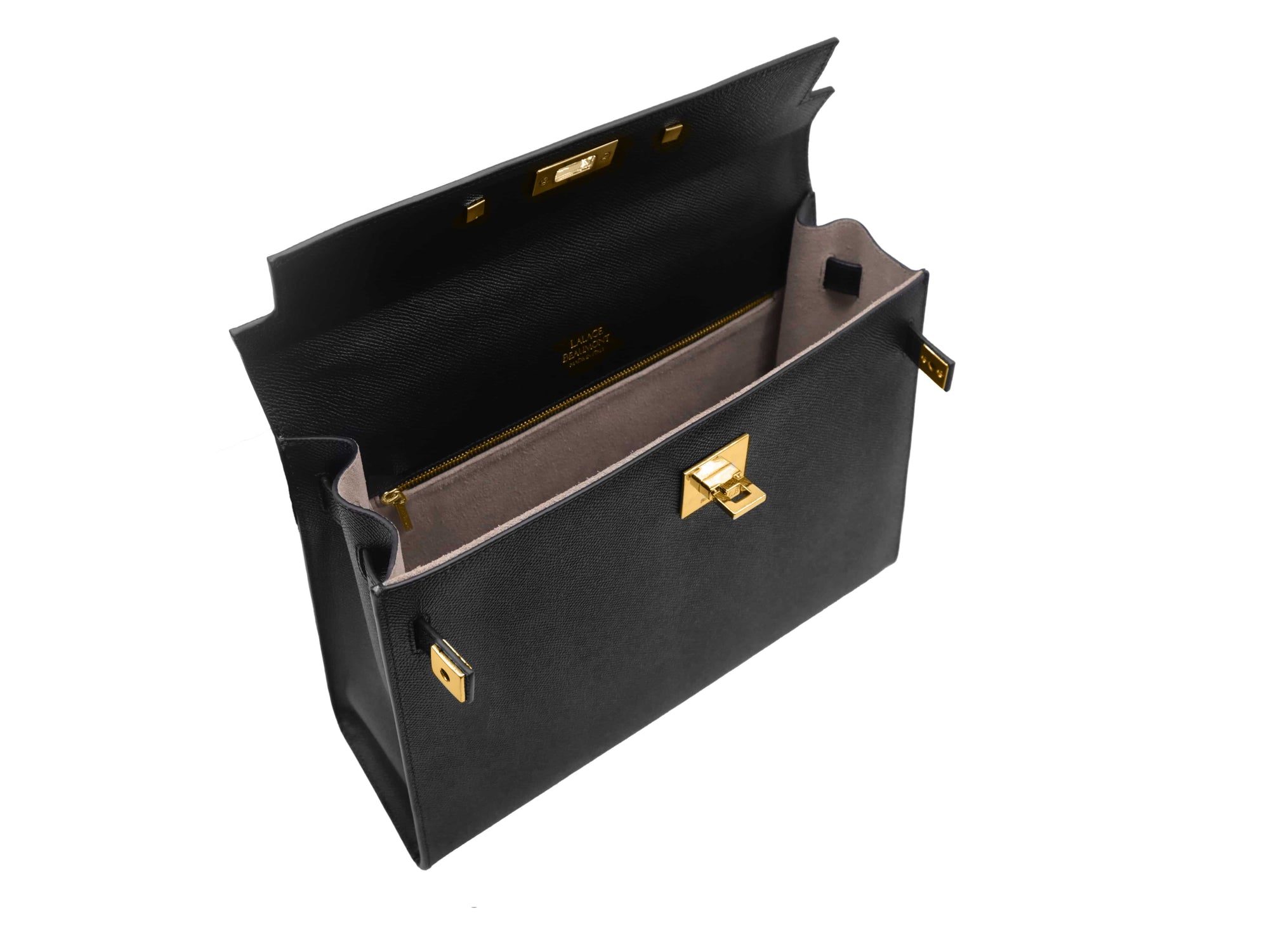 Inside view of a black Maya Grande Dolomite handbag with gold plated hardware and a pebble print texture, featuring a top handle, detachable strap and gold accents.