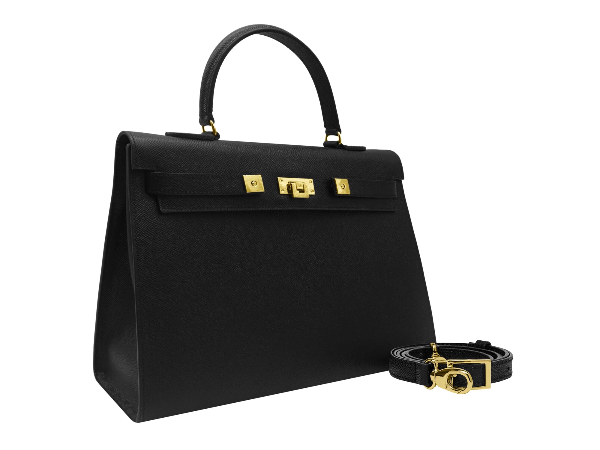 A black Maya Grande Dolomite handbag with gold plated hardware and a pebble print texture, featuring a top handle, detachable strap and gold accents.