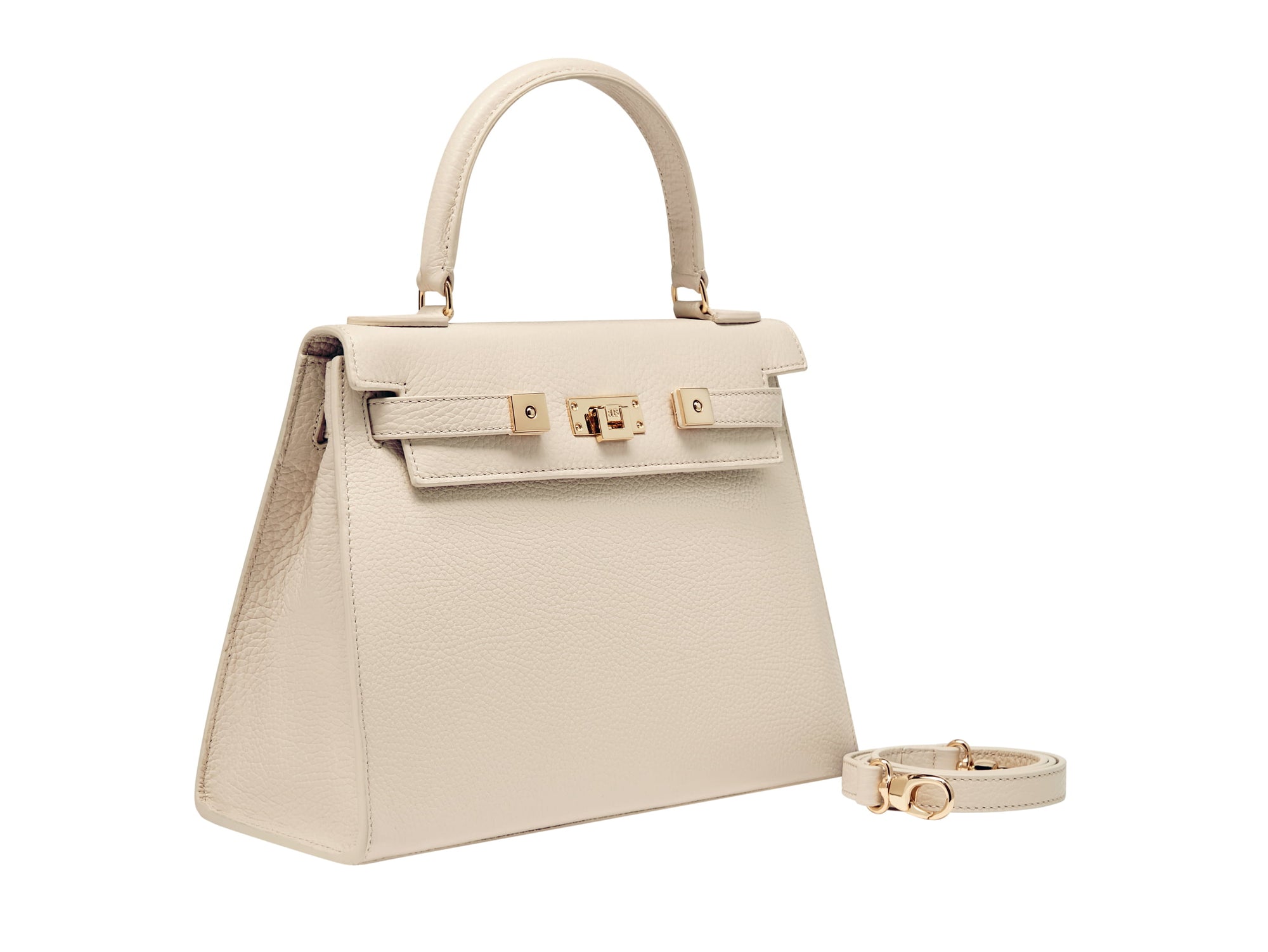 A large beige, natural grainy print Italian calf leather handbag with top handle, detachable strap and gold plated hardware.