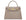 A stone-colored, croc print Italian calf leather handbag with a top handle, detachable strap, and gold plated hardware.