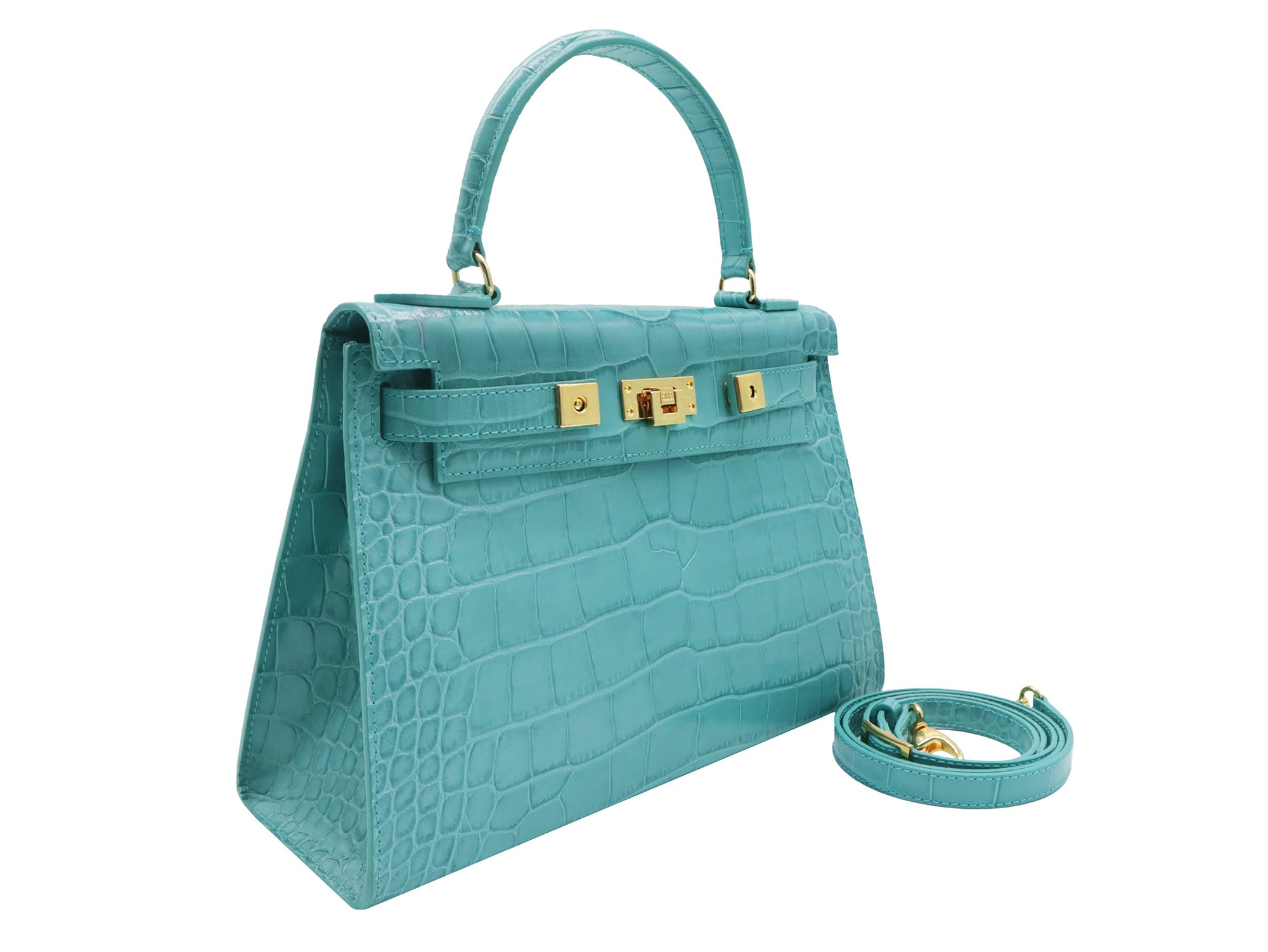 A large turquoise , ‘croc’ print Italian calf leather handbag with top handle, detachable strap and gold plated hardware