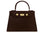 A large brown Italian leather, natural print handbag with gold hardware, a top handle with a detachable strap on a white background.