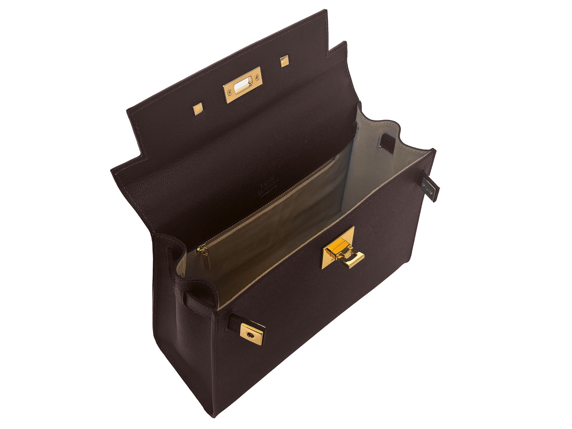 Inside of a large brown Italian leather, natural print handbag with gold hardware, a top handle with a detachable strap on a white background.