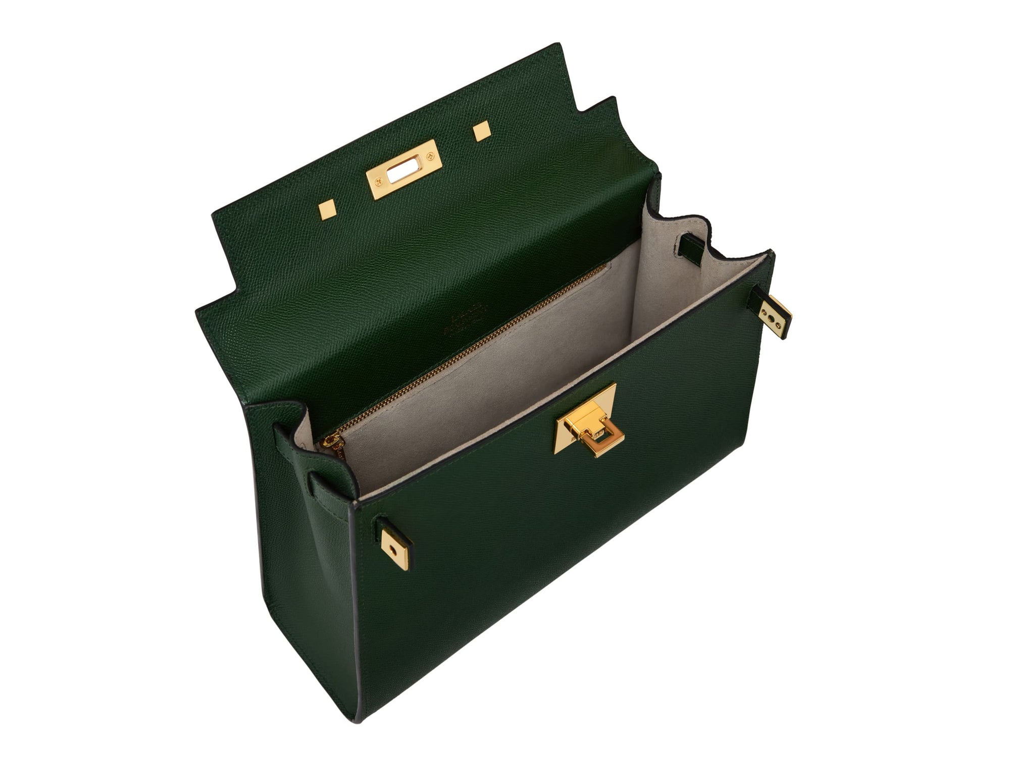 Inside of a A large dark green pebble print Italian calf leather handbag with top handle, detachable strap and gold plated hardware sowing grey suede lined interior