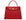 A red Italian natural print leather handbag with a top handle and a detachable shoulder strap, featuring gold-plated hardware and magnetic locks.