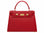 A red Italian natural print leather handbag with a top handle and a detachable shoulder strap, featuring gold-plated hardware and magnetic locks.