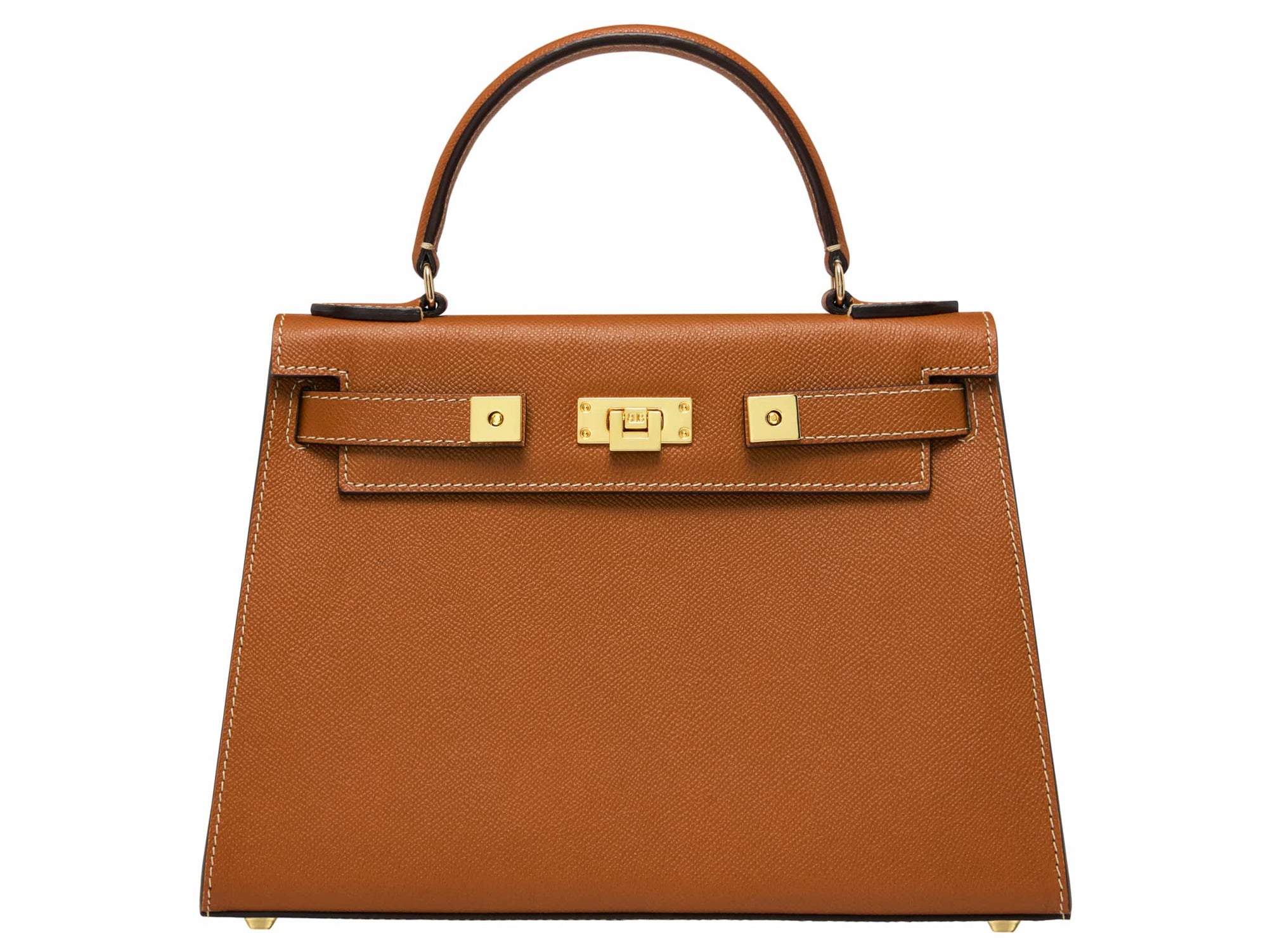 A large tan pebble print Italian calf leather handbag with top handle, detachable strap and gold plated hardware