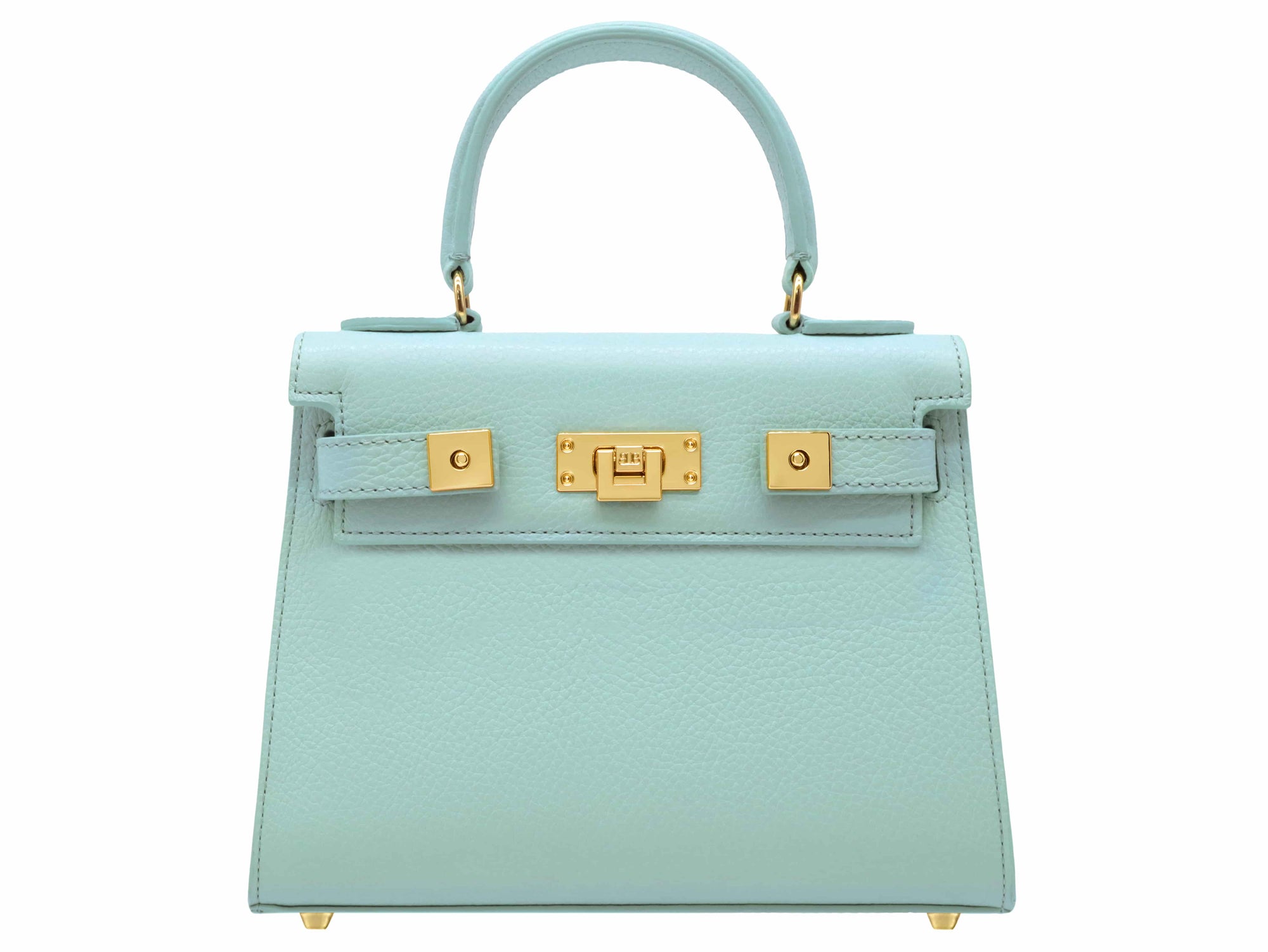 A medium-sized luxury Italian leather handbag in a soft aqua pale turquoise color with a grainy texture, featuring a top handle, a detachable shoulder strap and gold-plated hardware