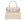 A medium-sized luxury Italian leather handbag in a soft beige color with a grainy texture, featuring a top handle, a detachable shoulder strap and gold-plated hardware