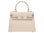 A medium-sized luxury Italian leather handbag in a soft beige color with a grainy texture, featuring a top handle, a detachable shoulder strap and gold-plated hardware