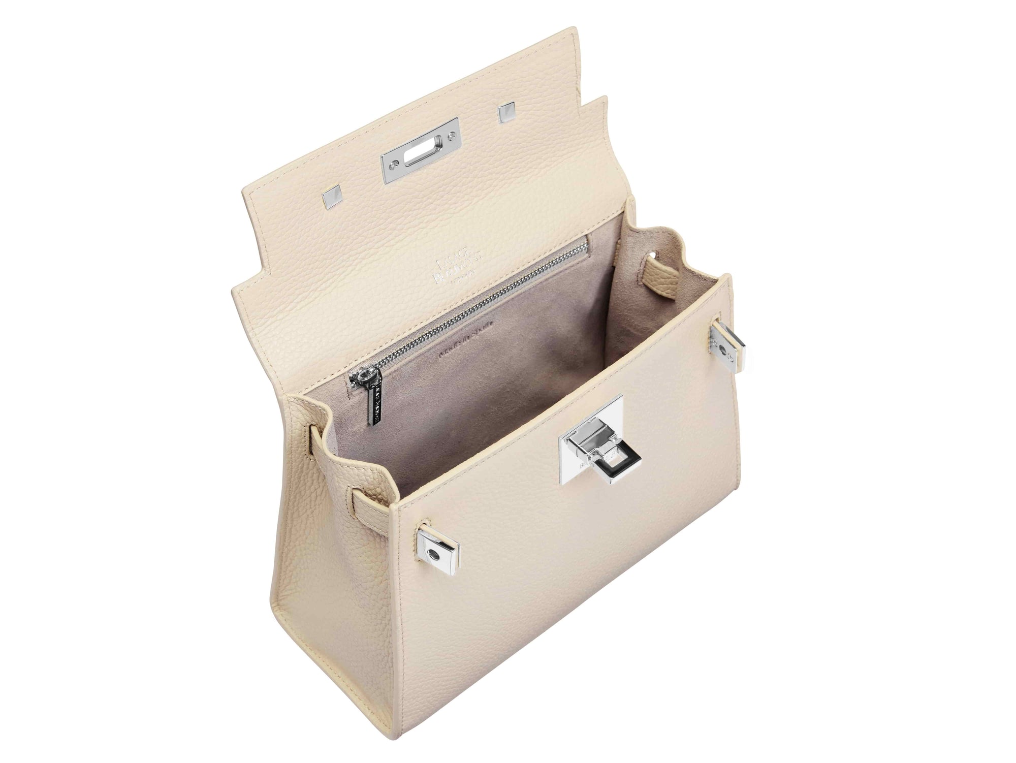 A medium-sized luxury Italian leather handbag in a soft beige color with a grainy texture, featuring a top handle, a detachable shoulder strap and gold-plated hardware