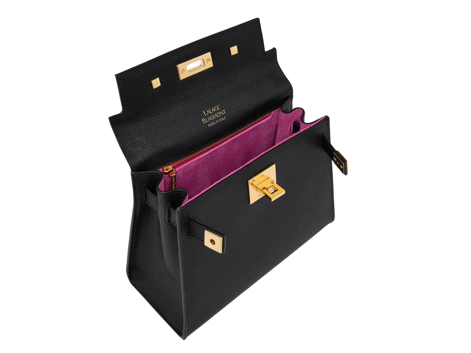 Inside image of a black calf Italian leather handbag with a pebble print texture, featuring a top handle, detachable strap and gold-plated hardware showing the bright pink suede interior.