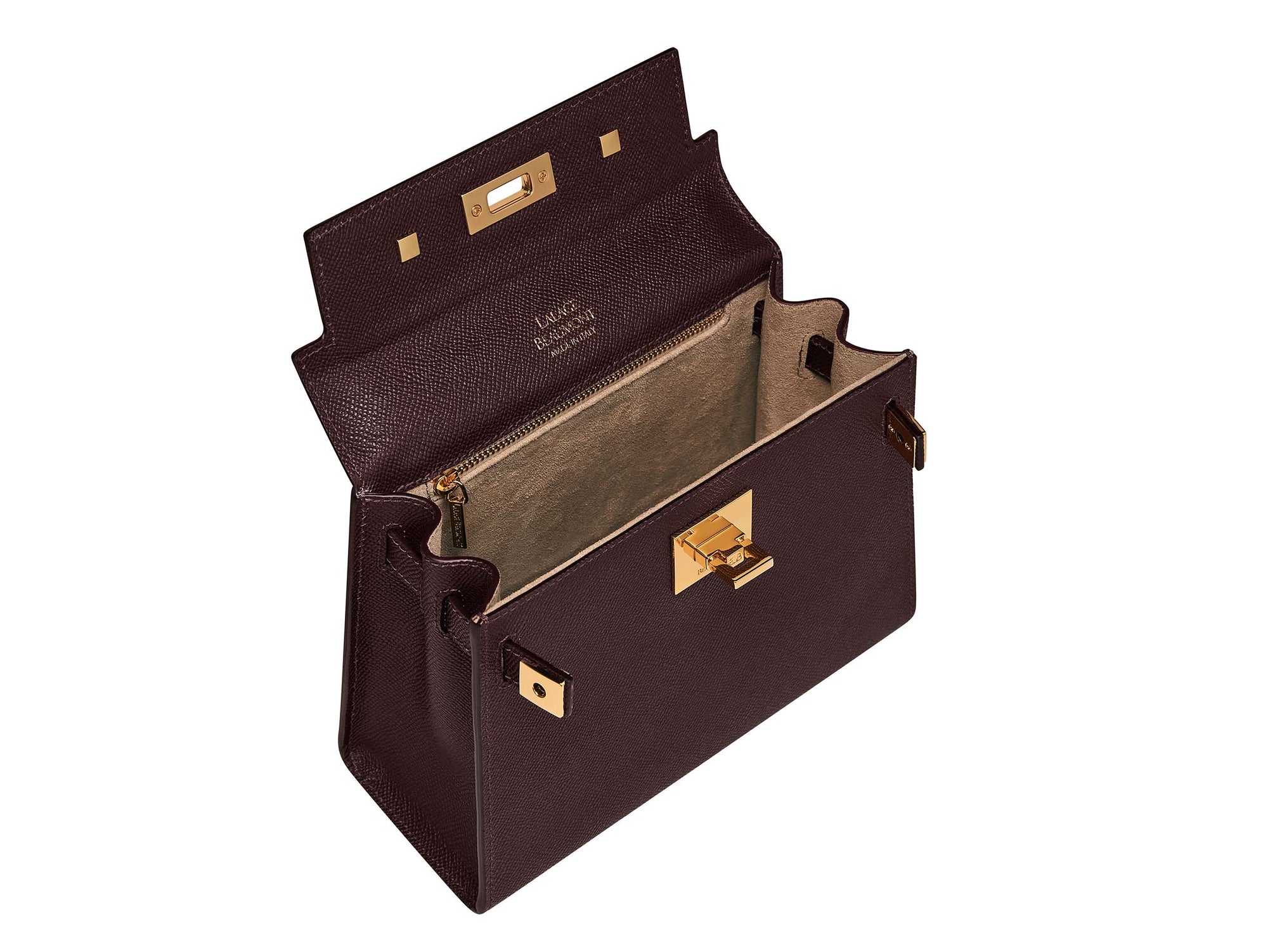 Inside view of a medium chocolate brown Italian leather handbag with gold hardware, a top handle and a detachable strap on a white background