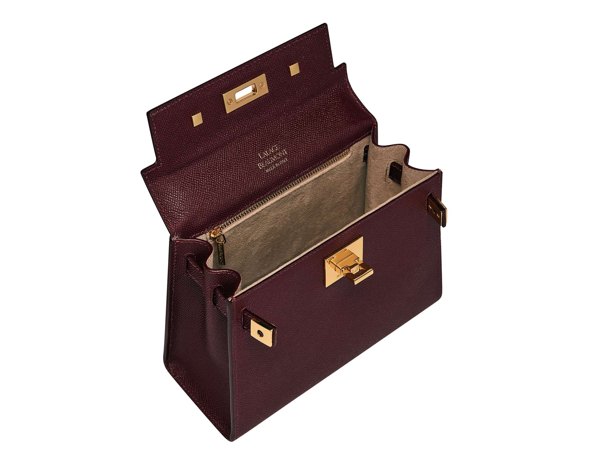Inside of a burgundy wine coloured, medium-sized Italian leather handbag with a pebble print and gold plated hardware, featuring a top handle and a detachable shoulder strap.