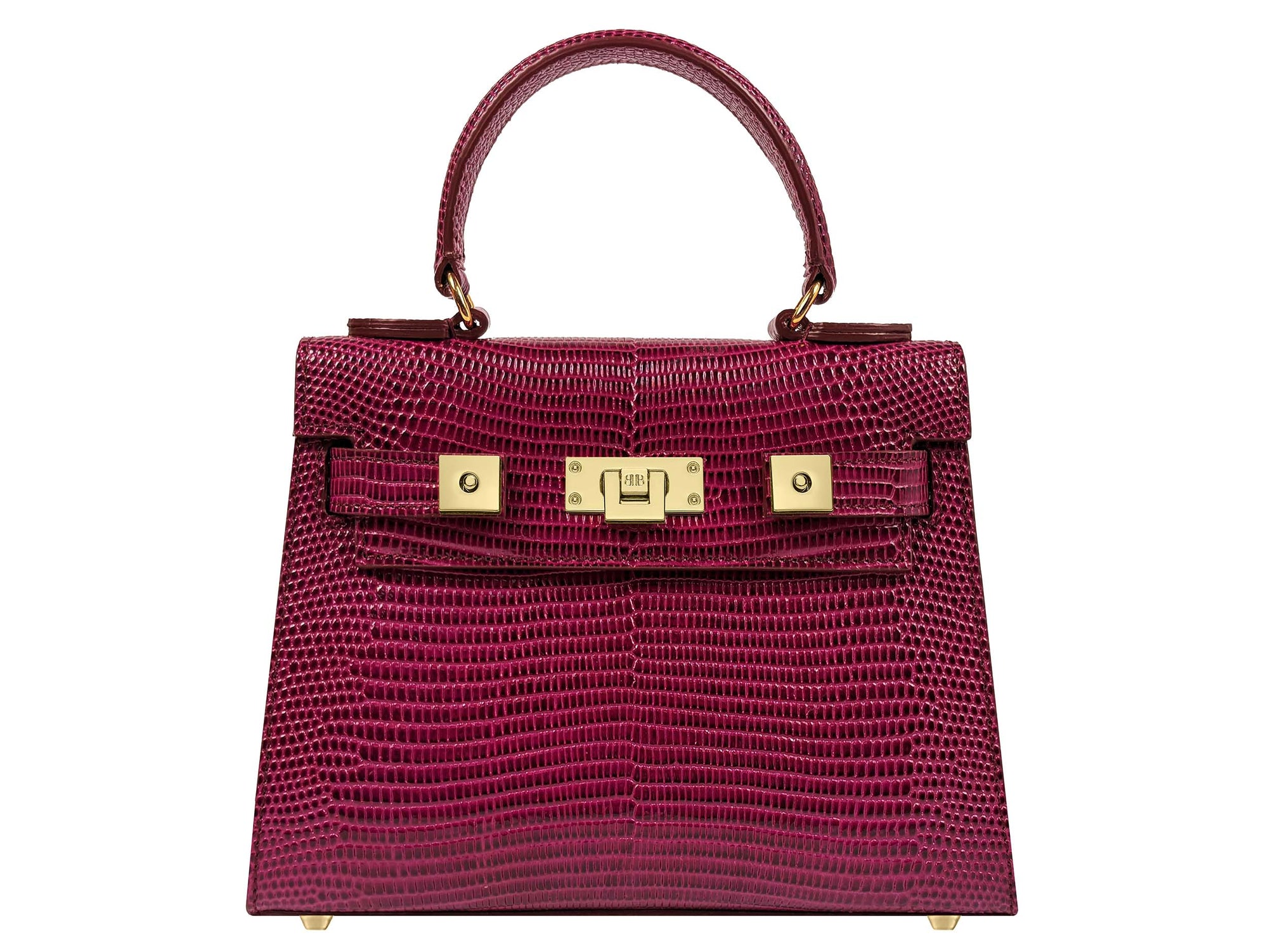 Red ‘lizard’ print Italian leather handbag with gold accents on a white background