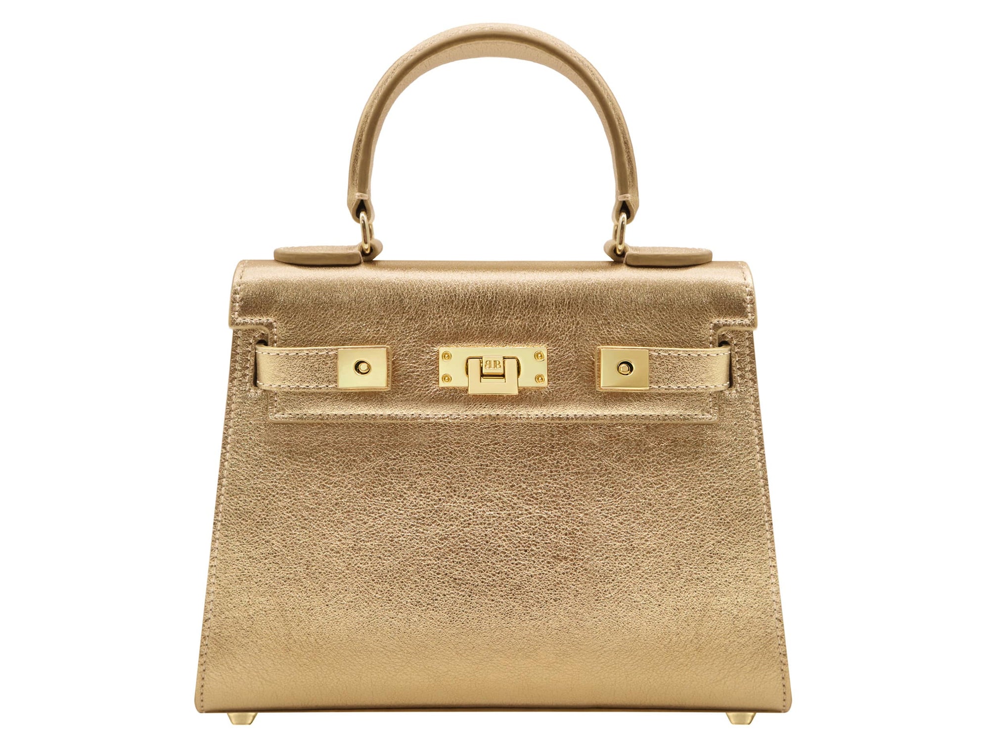 Medium gold natural grain Italian leather handbag with gold hardware, a top handle and a detachable strap on a white background