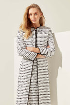 Tweed Dress Coat  in White with Black Tufted Stripes and Braid Trim - Vanya