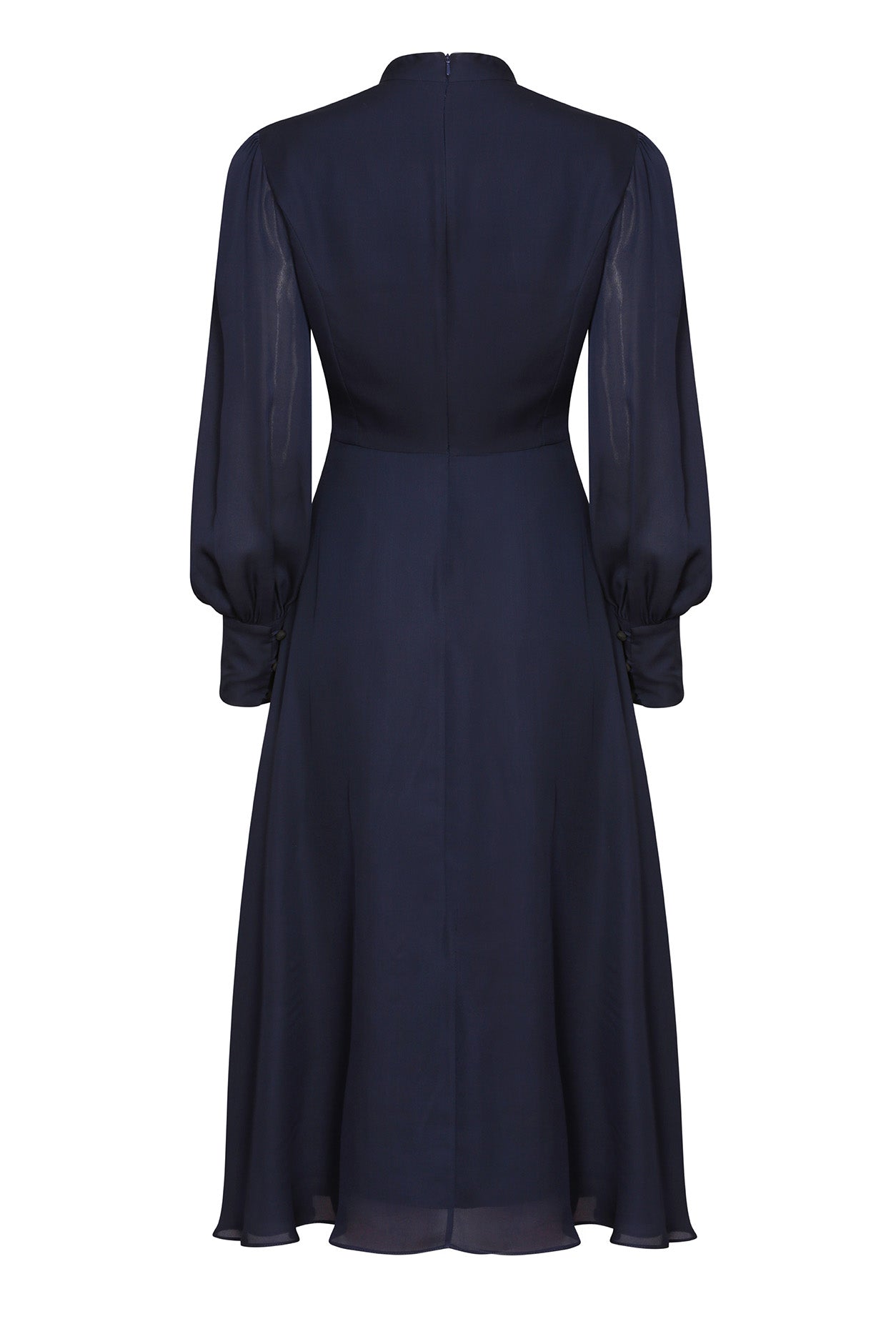 Long-Sleeved Midi Dress with Flared Skirt in Plain Navy Silk