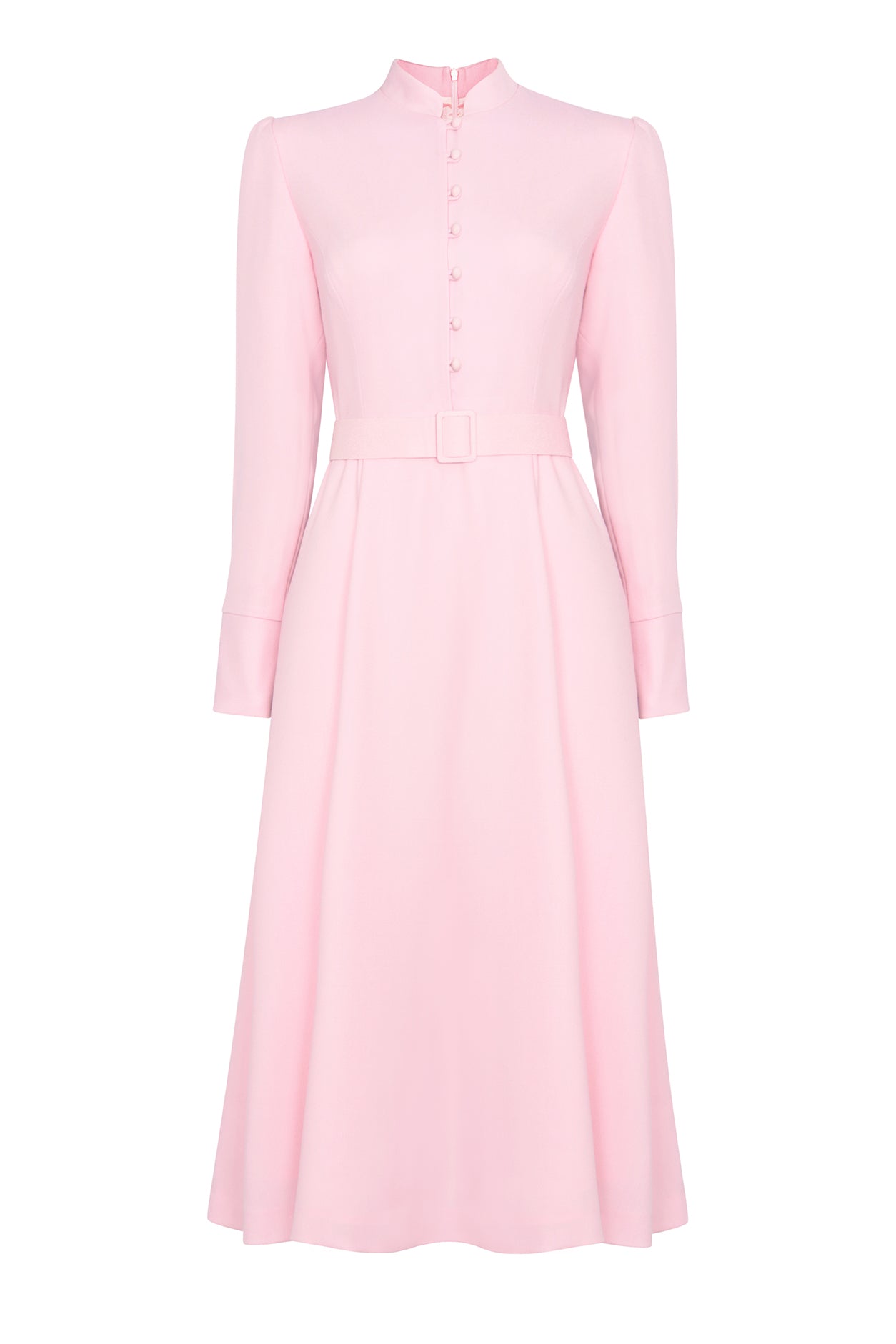 Long Sleeved Midi Dress in Pale Pink Wool Crepe Cady
