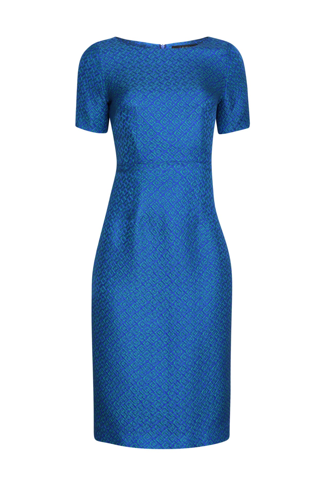 Royal Blue and Bright Green Printed Silk/Wool Shift Dress with Boat Neck and Short Sleeves