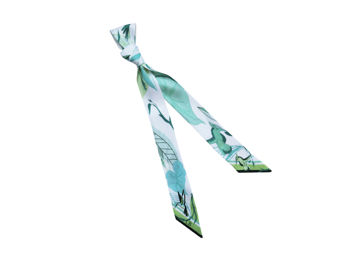 Banderole Silk Ribbon Scarf Bird Foliage White Green