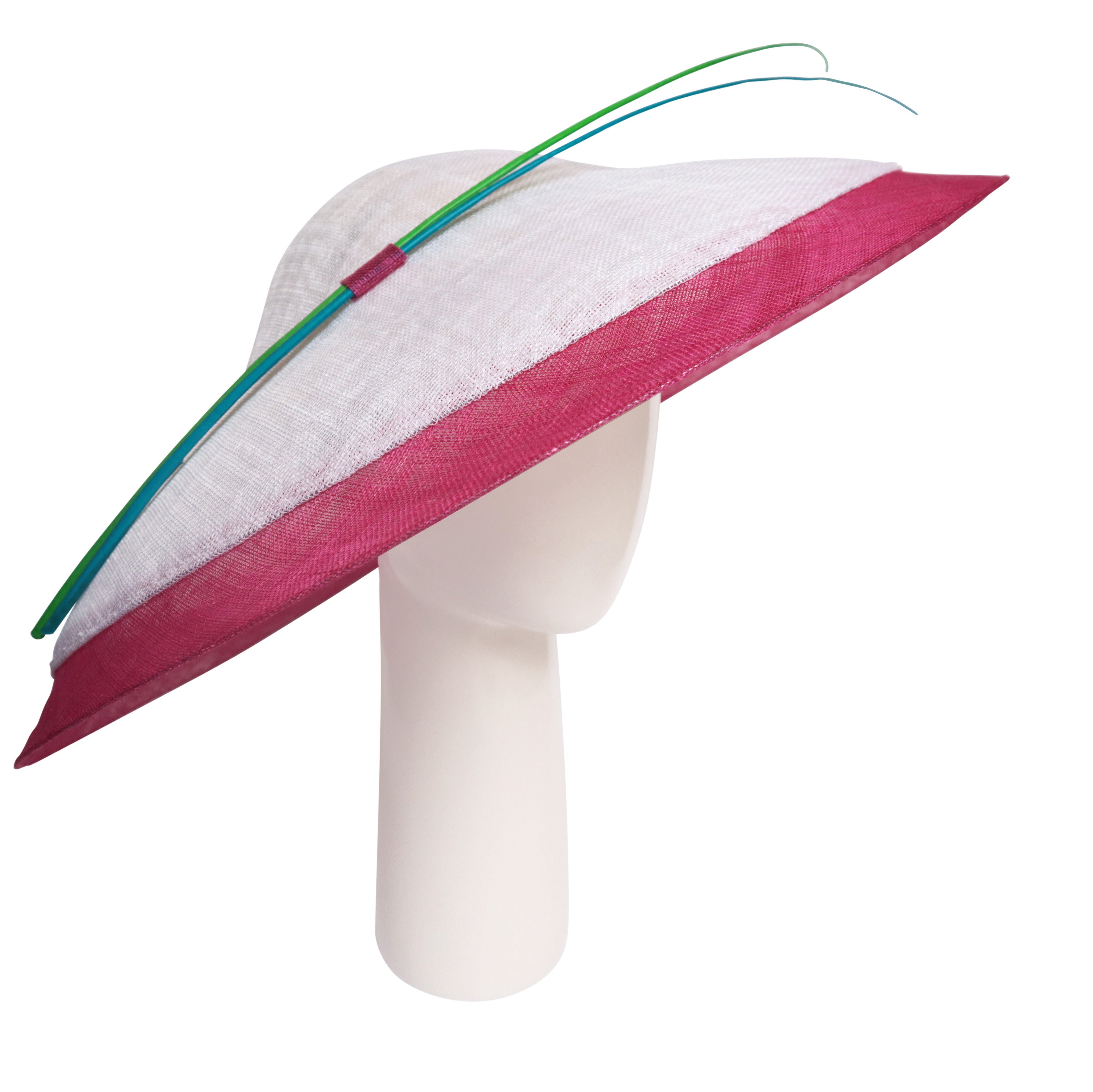 Large Two Tone Hat in White / Fuchsia and Turquoise-Green Quills