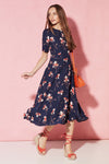 Longer Length Full Skirted Dress in Navy Flower Print in Cloqué Silk - Lexie - 2