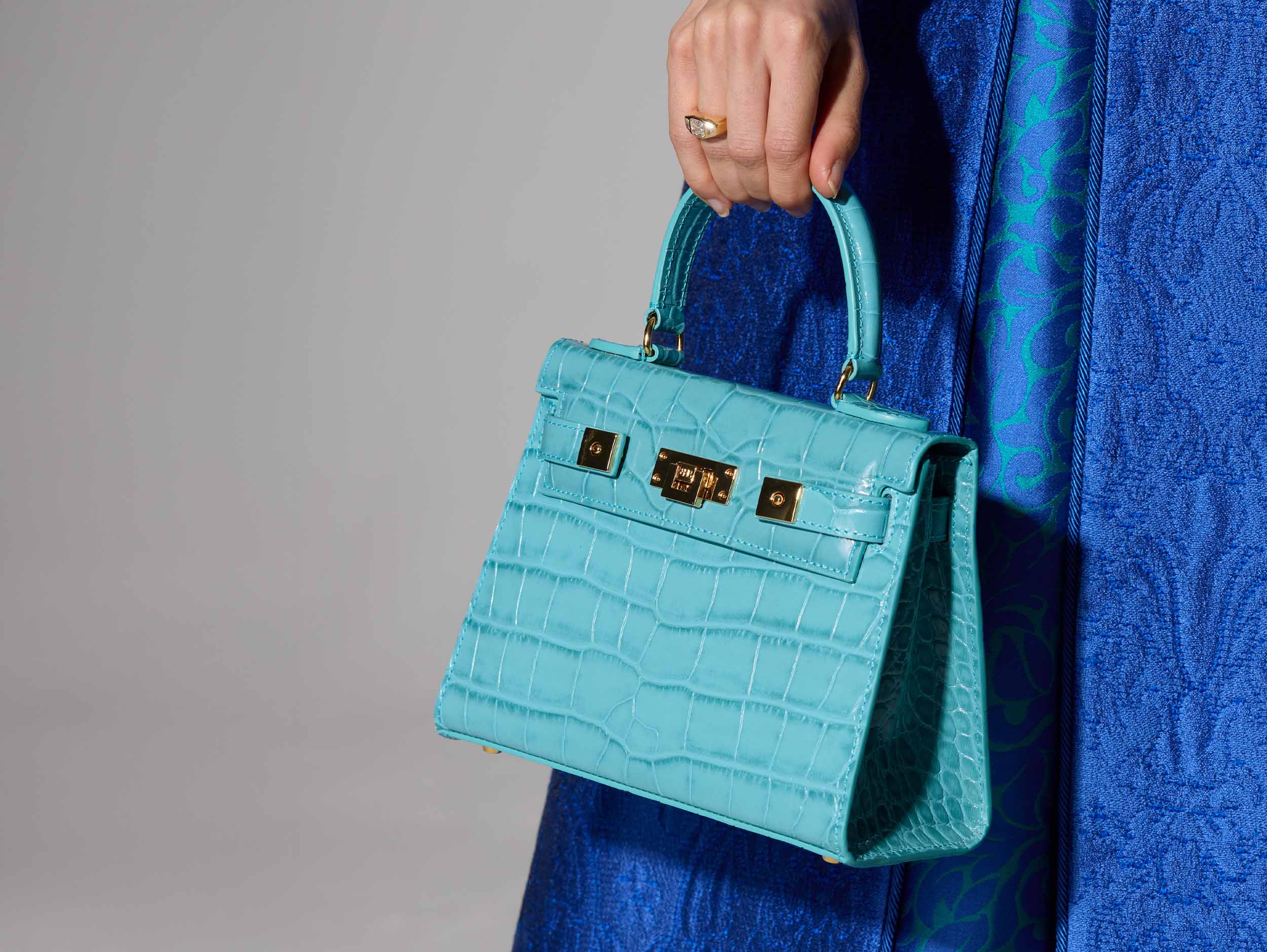【美品】Oribianco leather bag Maya Midi Orinoco 'Croc' Print Calf Leather Handbag - Topaz