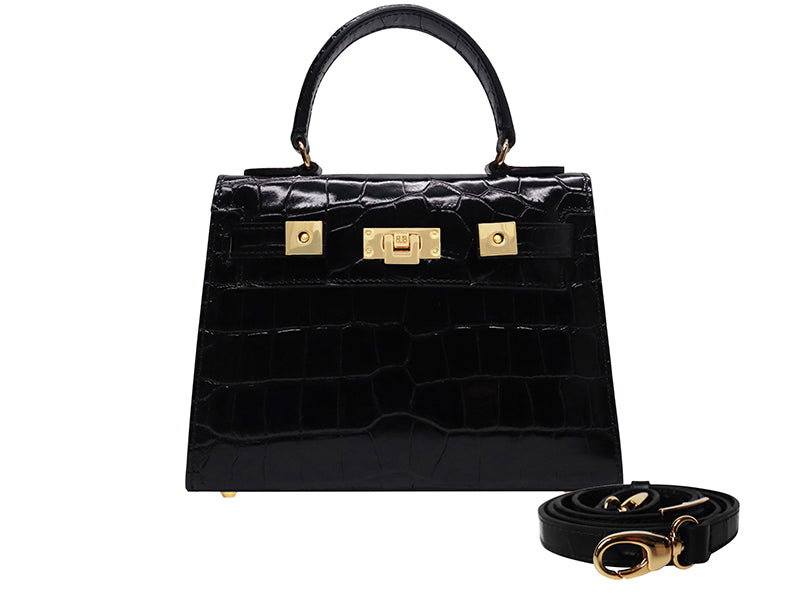 Maya Midi Orinoco &#39;Croc&#39; Print Calf Leather Handbag - Black