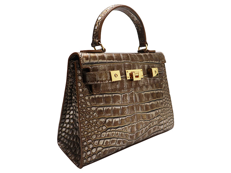 Maya Midi Orinoco 'Croc' Print Calf Leather Handbag - Bronze | Lalage ...