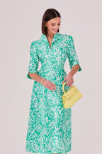 Calf Length, A-Line Dress in Emerald Green and White Printed Silk Shantung - Naomi