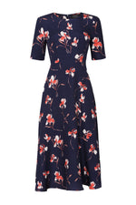 Longer Length Full Skirted Dress in Navy Flower Print in Cloqué Silk - Lexie - 2