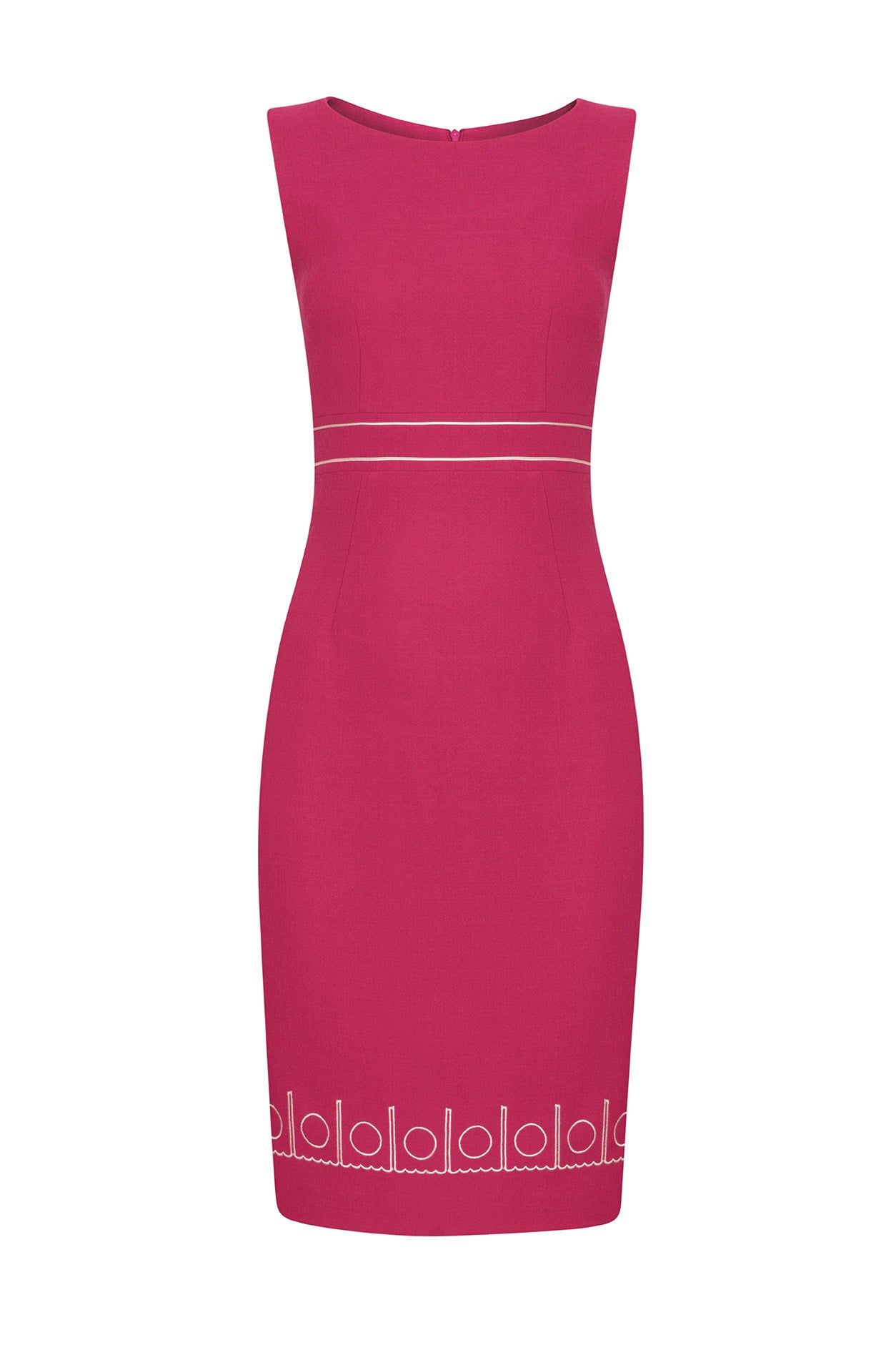Sleeveless Shift Dress in Berry Pink with Ivory Embroidered Border - Aude