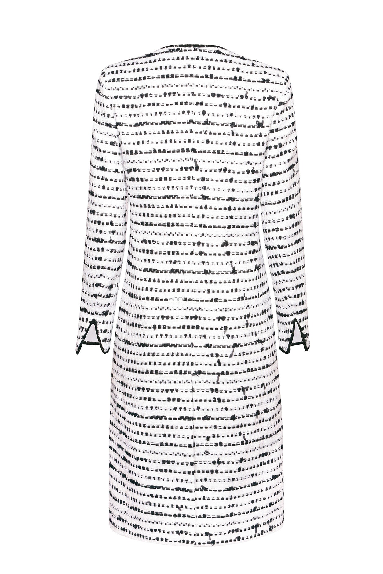 Tweed Dress Coat  in White with Black Tufted Stripes and Braid Trim - Vanya