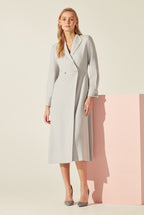 Double Breasted, Long Sleeved Coat Dress with Buttons in Dove Grey Crepe Cady - Savannah
