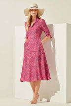 Fuchsia/Navy Paisley Printed Silk Cloqué Dress - Naomi