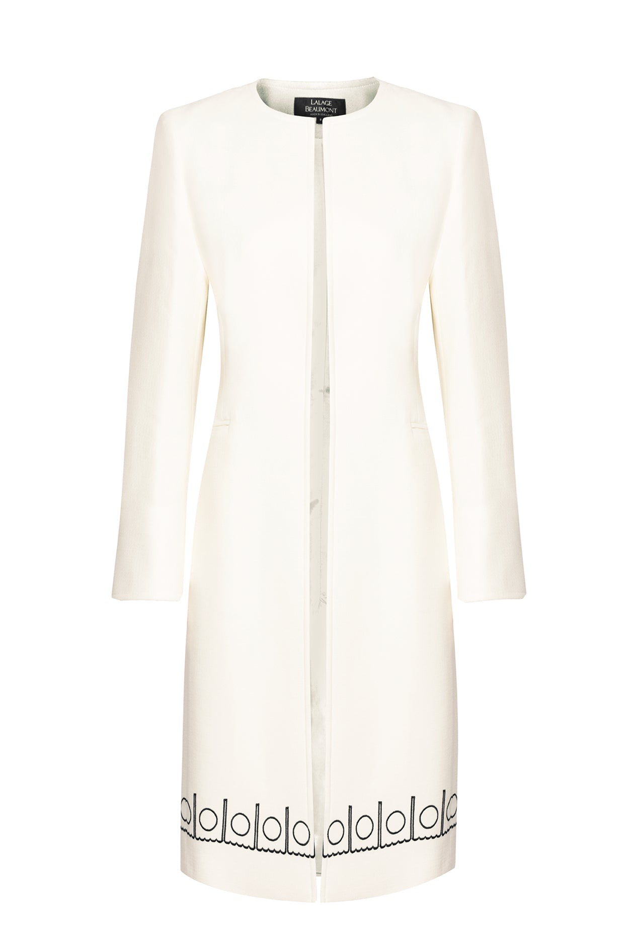 Ivory Faille Dress Coat with Black Embroidery - Vanya